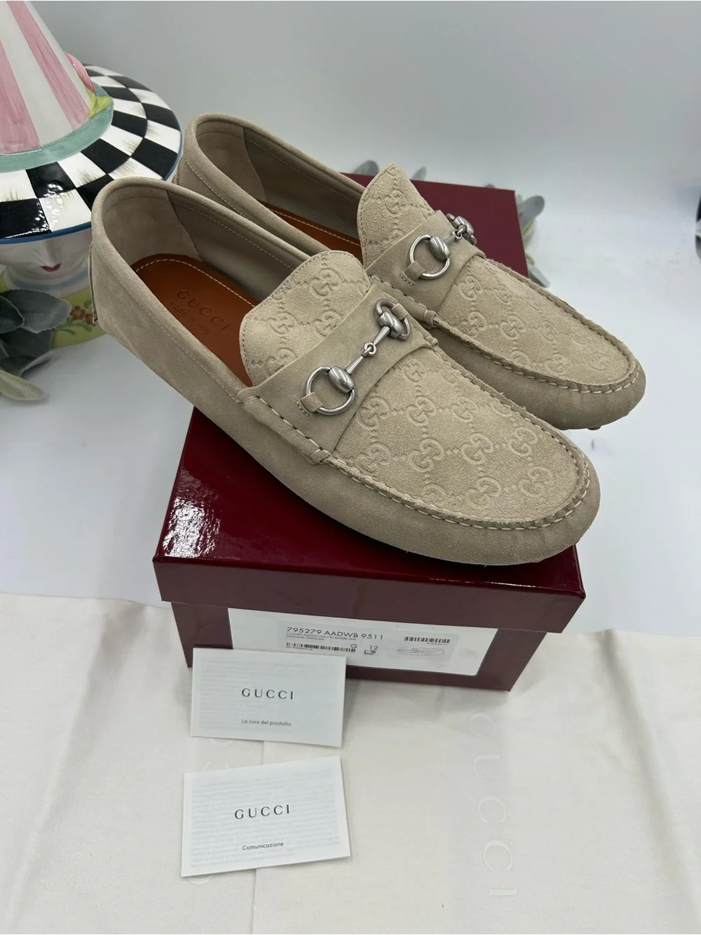 Men's Gucci GG embossed suede Driver loafers size 12 fits 13 US made in Italy